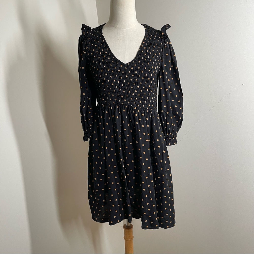Madewell Women’s Lucie- SZ XS -V-Neck Smocked 1/2 Sleeve Polka Dot Mini Dress